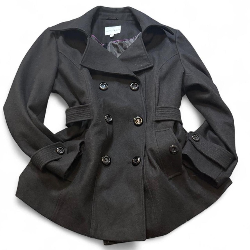 Vintage Y2K Fashion Bug Black Wool Blend Double Breasted Pea Coat, Women's Sz 1X
